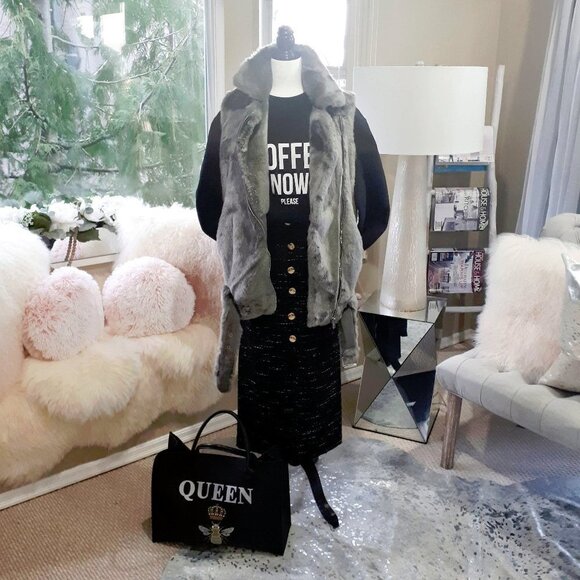 EUC Jakke green grey faux fur biker moto belted vest - Picture 3 of 9